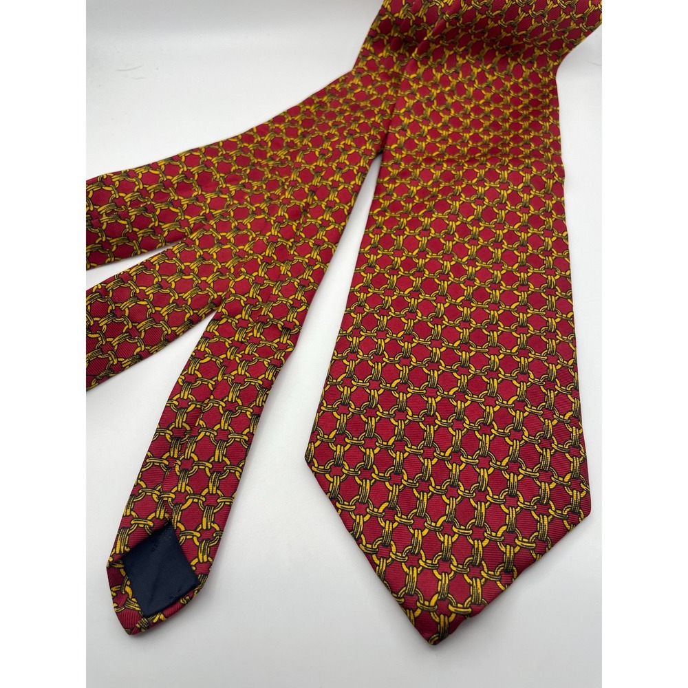 Brooks Brothers Makers Silk Tie Red Gold Chain Link Geometric Pattern USA Made